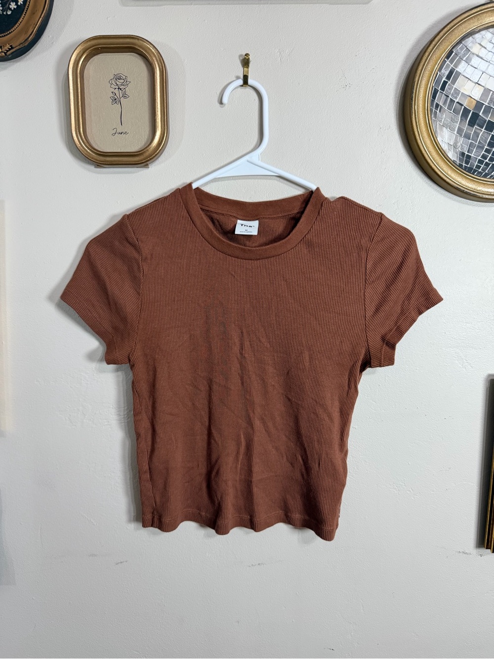 TNA Short Sleeve Ribbed Tee in Rust Brown